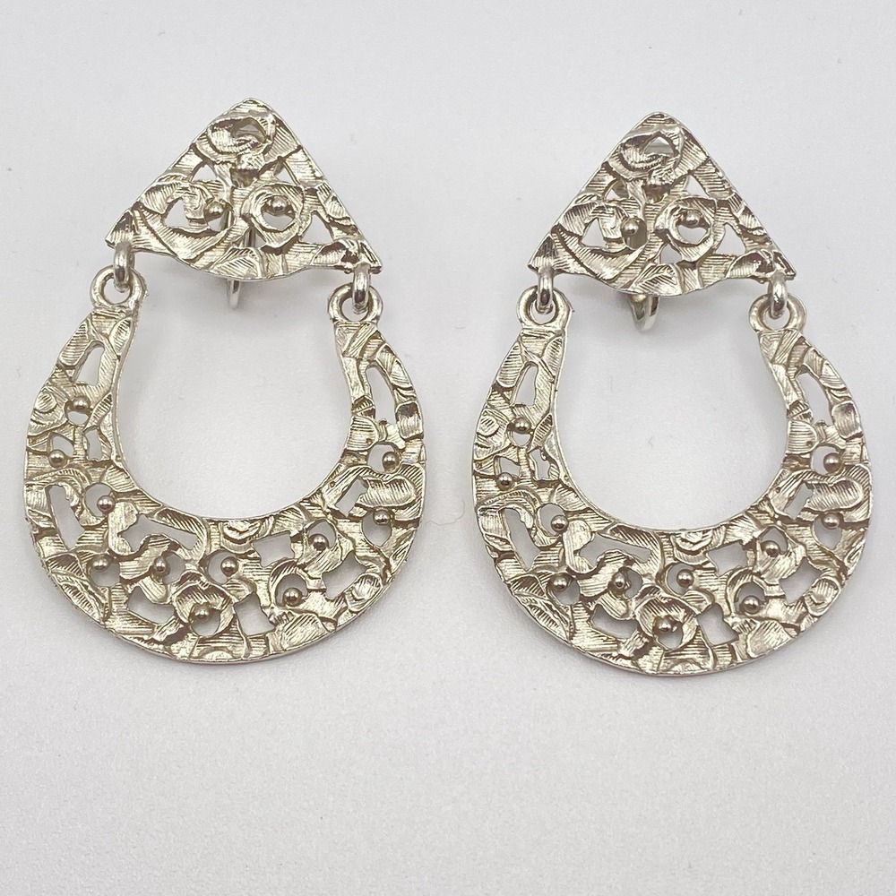 Karen Brent Silver Tone Door Knocker Earrings Vintage Filigree Crescent OS